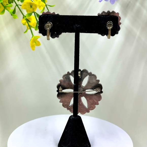 925 Sterling Silver and Abalone Shell Vintage Screwback Earring and Brooch Set - Picture 7 of 8